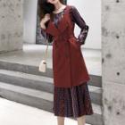 Double Breasted Long Vest / Long-sleeve Pattern Midi Dress / Set