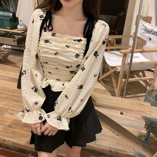 Floral Shirred Long-sleeve Cropped Blouse Almond - One Size