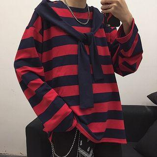 Couple Matching Long-sleeve Striped T-shirt With Shawl As Shown In Figure - One Size