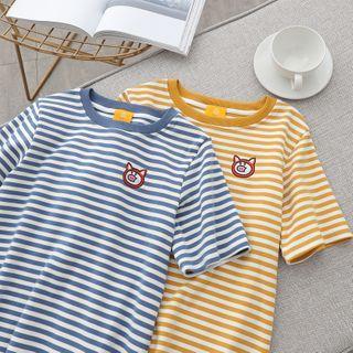 Cartoon Pig Embroidered Striped Short-sleeve T-shirt