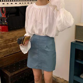 Flared-cuff Shirred Blouse Top - White - One Size