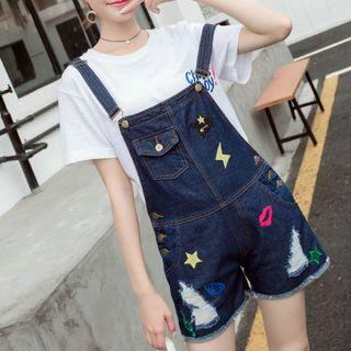 Patch Embroidered Distressed Dungaree Shorts