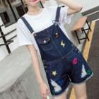 Patch Embroidered Distressed Dungaree Shorts