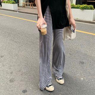 High-waist  Two-tone Check Wide-leg Pants Black & White - One Size