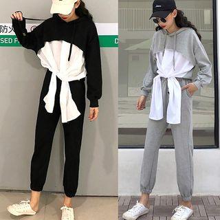 Set: Mock Two-piece Hooded Top + Pants