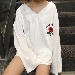 Rose Print V-neck Long-sleeve T-shirt