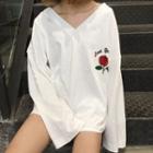 Rose Print V-neck Long-sleeve T-shirt