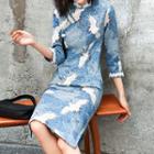 3/4-sleeve Crane-print Midi Qipao Dress