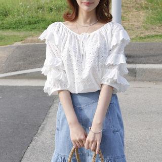Tiered-sleeve Punched Blouse White - One Size