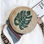 Tassel Embroidered Leaf Woven Straw Shoulder Bag