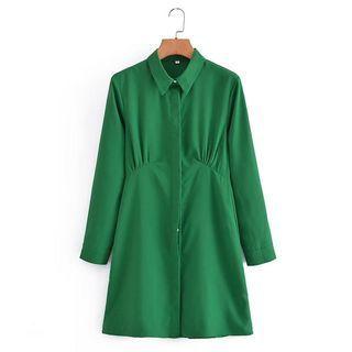 Long-sleeve Collar Ruched Mini Shirt Dress