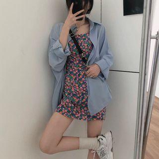 Loose-fit Long-sleeve Shirt / Floral Suspender Skirt