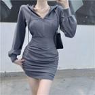 Long-sleeve V-neck Plain Ruched Sheath Hoodie Dress