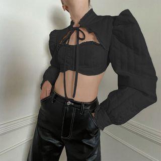 Set: Lace Trim Cropped Camisole Top + Puff-sleeve Cropped Blouse