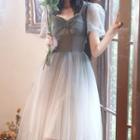 Short-sleeve Mesh A-line Midi Prom Dress