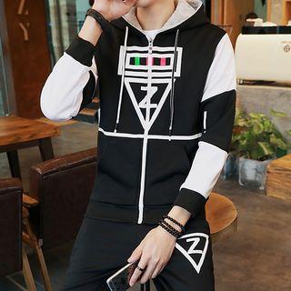 Set: Printed Color Panel Hooded Zip Jacket + Printed Jogger Pants