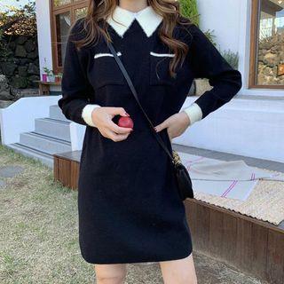 Color-block Long-sleeve Slim-fit Knit Dress Black - One Size