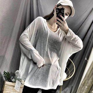 Long-sleeve Hooded Plain Long-sleeve Loose-fit Top