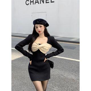 Two-tone Twisted Knit Mini Sheath Dress Black & White - One Size