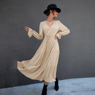 Ruffle Trim Long-sleeve V-neck Plain Midi Dress