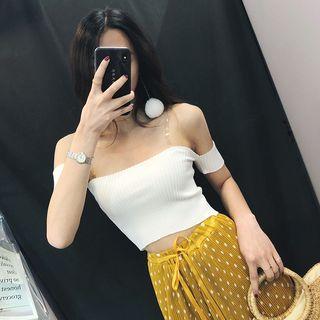 Off-shoulder Cropped Short-sleeve Knit Top