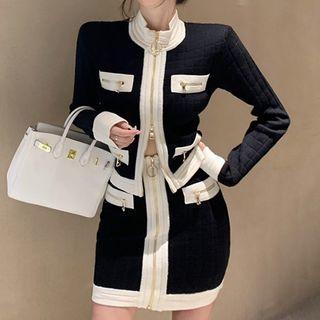 Mock-neck Contrast Trim Zip-up Jacket / Mini Pencil Skirt
