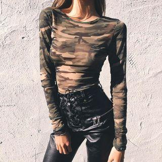 Long-sleeve Camo Sheer T-shirt