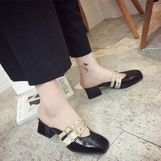 Belted Chunky-heel Slide Pumps