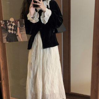 Flared-cuff Velvet Blouse / Shirred Midi A-line Skirt