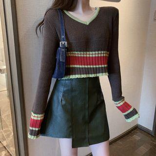 Colorblock Crop Knit Top / Faux-leather Asymmetric Mini Skirt