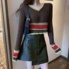 Colorblock Crop Knit Top / Faux-leather Asymmetric Mini Skirt