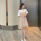 Short-sleeve Panel A-line Dress Orange Pink - One Size