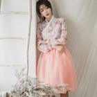 Set: Hanbok Top (floral / Pink) + Skirt (midi / Peach)