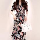Elbow-sleeve Floral A-line Midi Wrap Dress