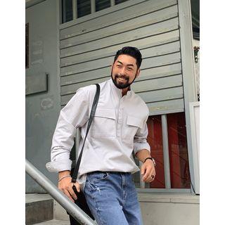 Mandarin-collar Flap-pocket Shirt