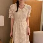 Short-sleeve Floral Lace Midi A-line Dress Almond - One Size