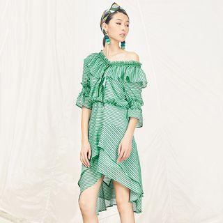 Striped Ruffle Trim Elbow-sleeve Dress