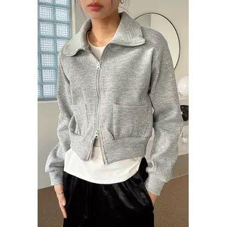 Collared Ribbed Cropped Zip-up Jacket