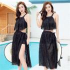 Set: Feathered Swim Top + Swim Shorts + Cover-up Wrap Skirt