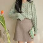 Set: Cable Knit Sweater + High-waist A-line Mini Skirt