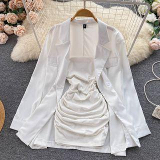 Set Of 2 : Long-sleeve Blazer + Sleeveless Bandeau Ruched Dress
