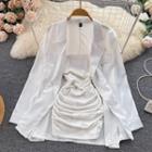 Set Of 2 : Long-sleeve Blazer + Sleeveless Bandeau Ruched Dress