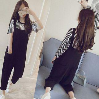 Set: Stripe Short-sleeve T-shirt + Plain Dungaree