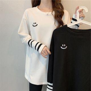Long-sleeve Round-neck Print Color-block Top