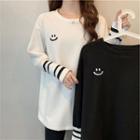 Long-sleeve Round-neck Print Color-block Top