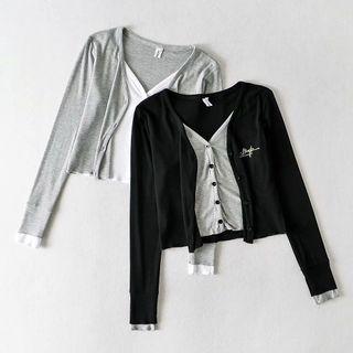 Mock Two-piece Long-sleeve Button-up Knit Top