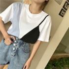 Short-sleeve Contrast Panel T-shirt / Wide-leg Denim Shorts