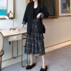 Set: Double Button Blazer + Plaid Midi Skirt