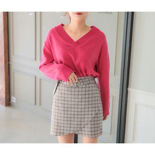 Wrap-front Belted Plaid Mini Skirt