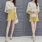 Set: Floral Print Bell-sleeve Chiffon Blouse + Ruffle Hem Mini Skirt